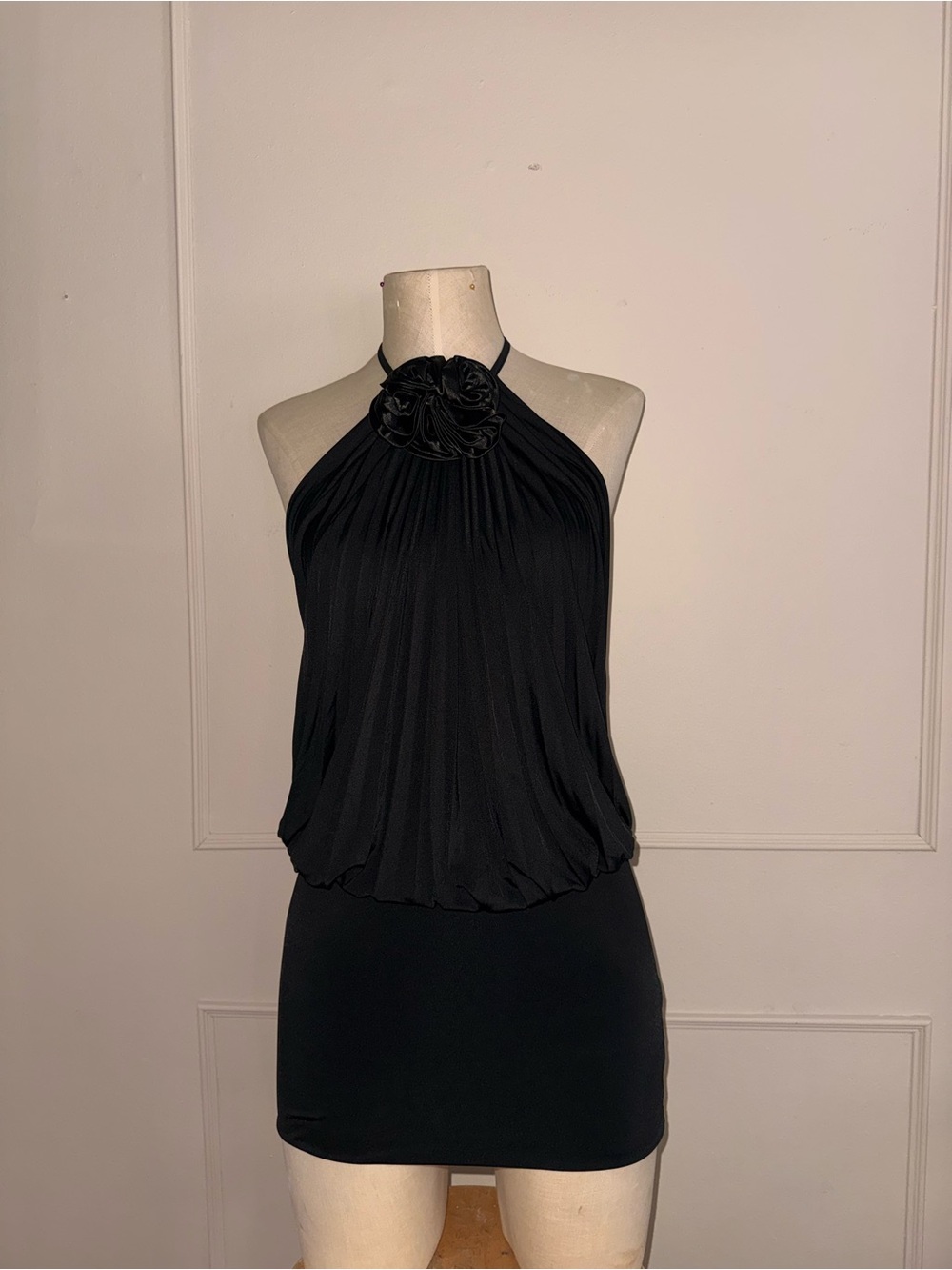 Symphony Black Halter Neck Mini Dress with Floral Accent